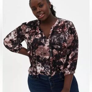 Torrid Georgette Bow Tie Neck Chiffon 3/4 Sleeve Brown Pink Floral Blouse sz 2X